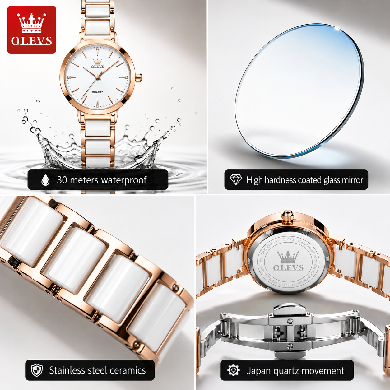 OLEVS 5877 Luxury Women’s Ceramic Quartz Watch – Waterproof Fashion Wristwatch