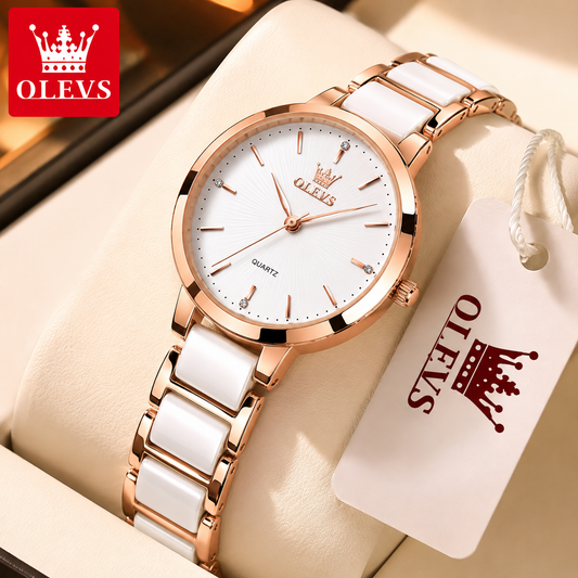 OLEVS 5877 Luxury Women’s Ceramic Quartz Watch – Waterproof Fashion Wristwatch