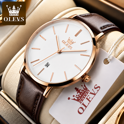 OLEVS Ultra-Thin Men’s Quartz Watch – Leather Strap