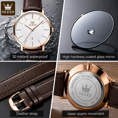 OLEVS Ultra-Thin Men’s Quartz Watch – Leather Strap